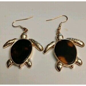 Pair Of Golden Turtle Earrings Abalone Center Dangle
